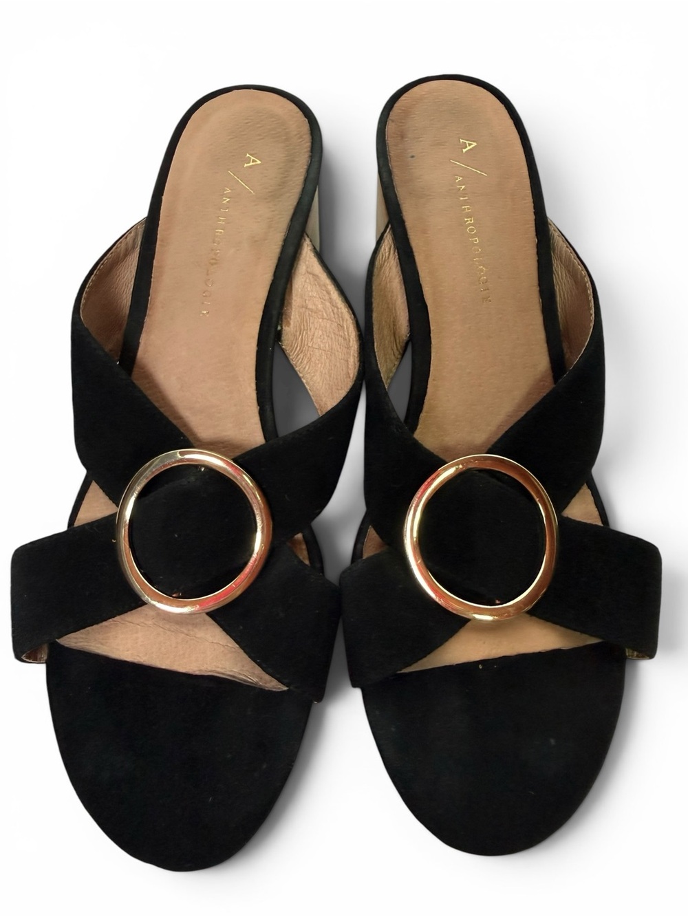 Anthropologie Black Suede Silver Ring Block Heel Mule Sandals Size 8